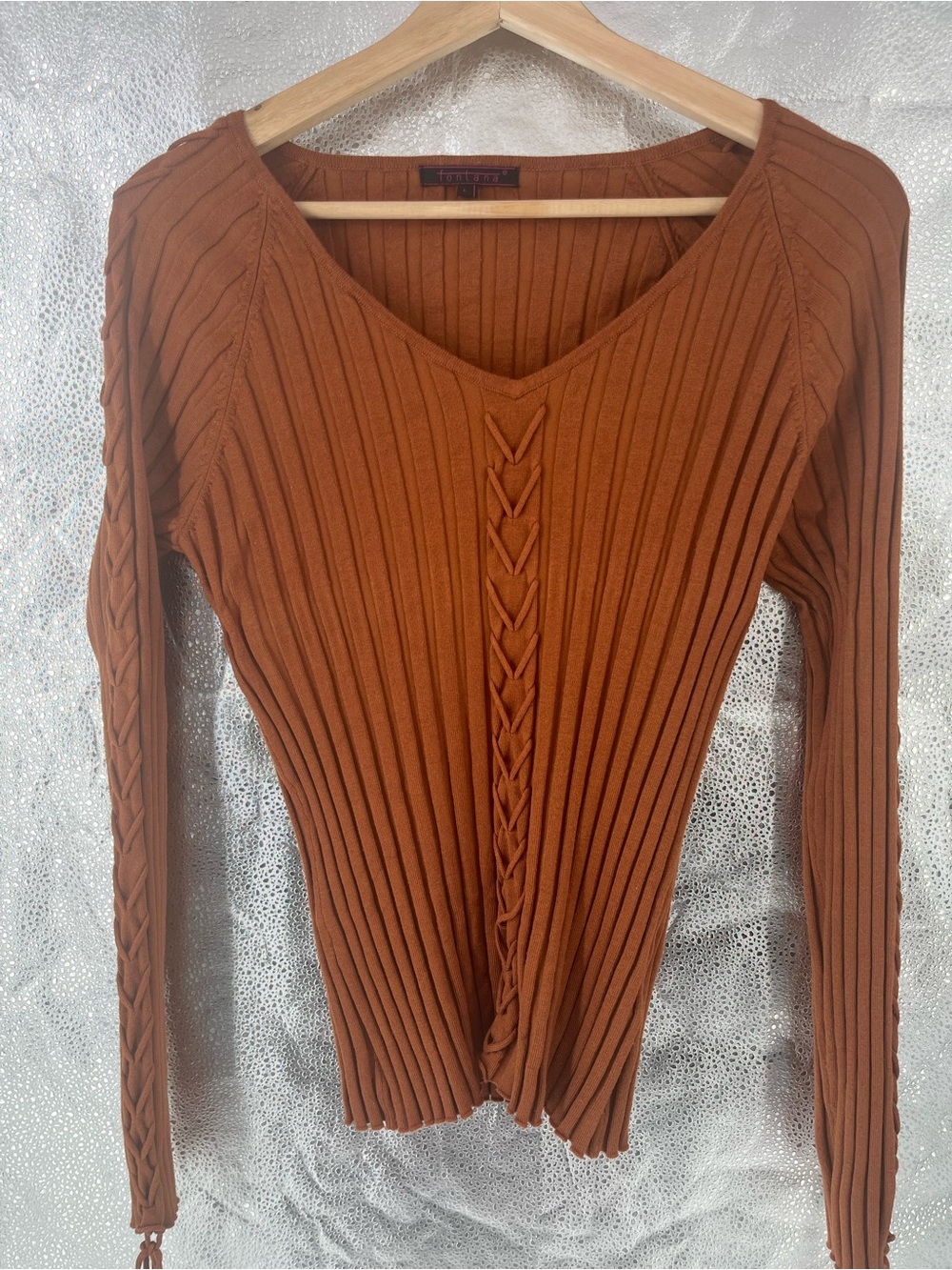 Fontana Vintage Y2K Terracotta Brown Ribbed Sweater Braided Lattice Sleeve Large